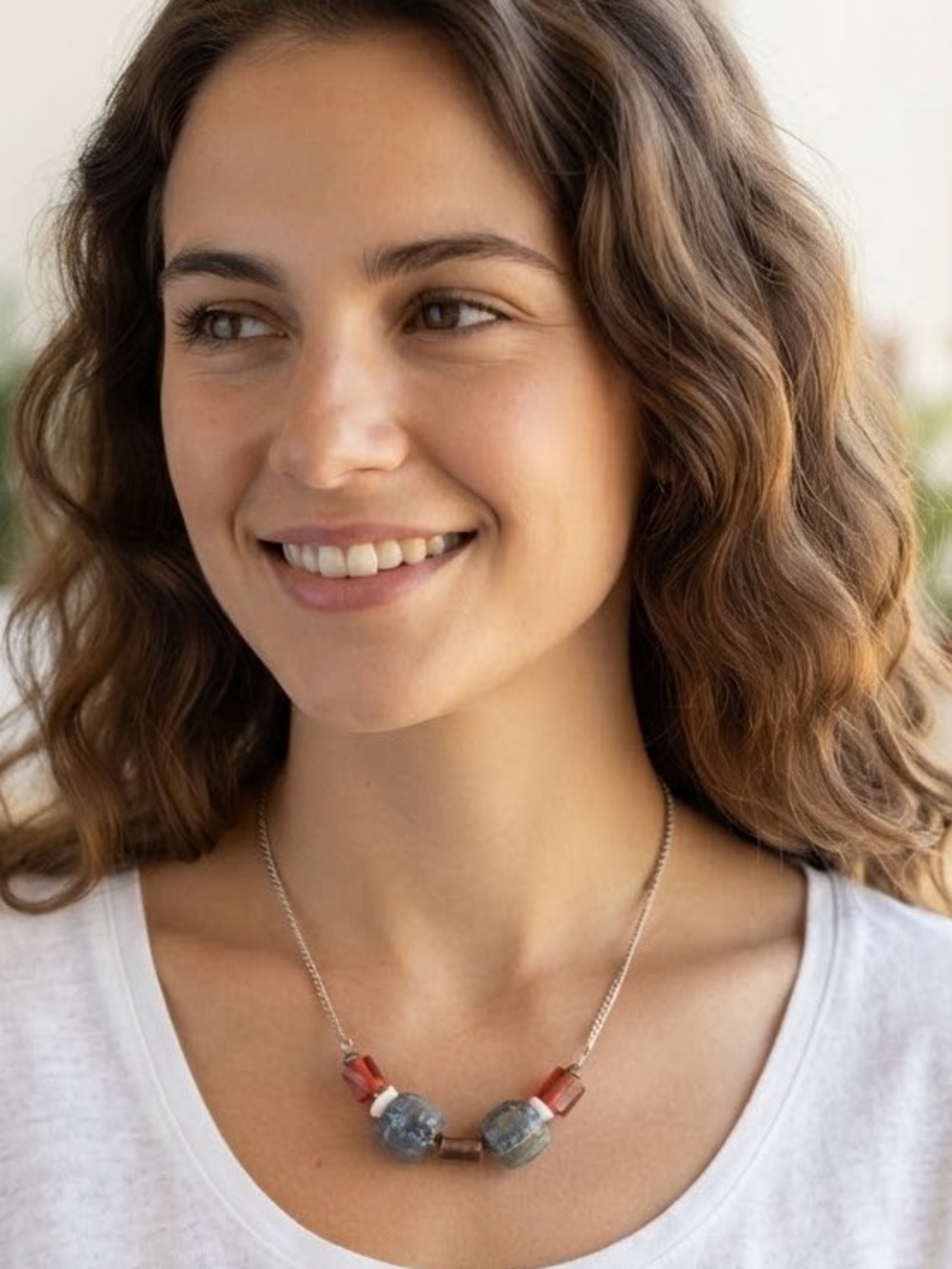 Silver Chain Necklace with Blue-Gray and Coral Beads